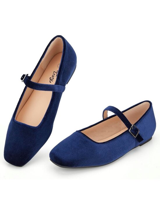 Shoes - Women's Velvet Blue Comfortable Ankle Strap Square Toe Mary Jane Ballet Flat